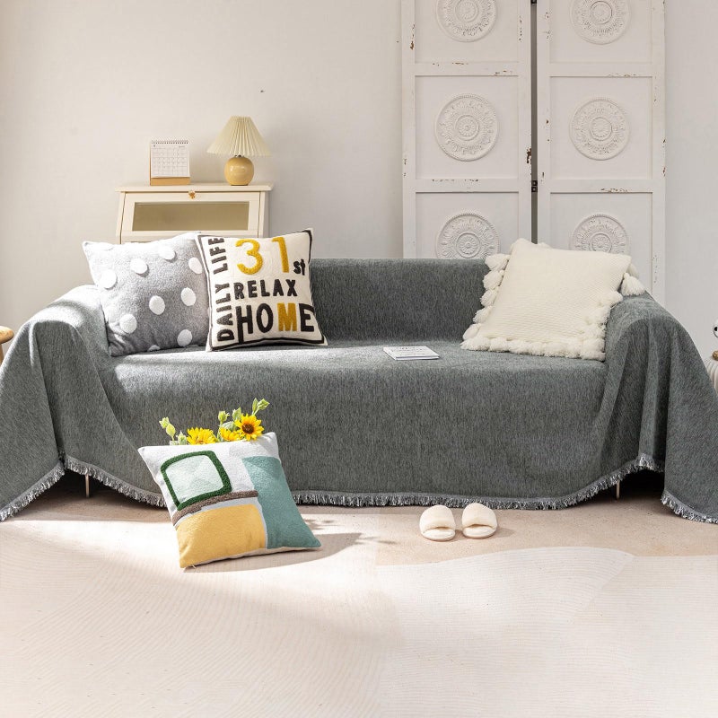 VC Life VClife Couch Covers for Sofa  Non Slip Sofa Covers for Dog Washable Couch Covers for 2 Cushion Couch Sofa with Tassel  Pet Sectional Sofa Covers Chenille Furniture Protector  Dark Gray  71""x118"" - Image 1